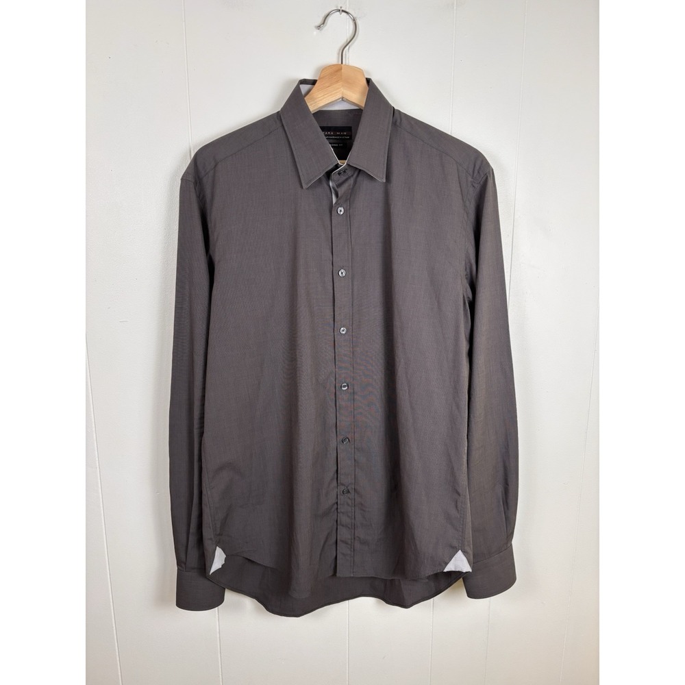 Zara Man Tailored Fit Men Button Up Shirt‎ Gray Button Long Flip Cuff Sleeve 15